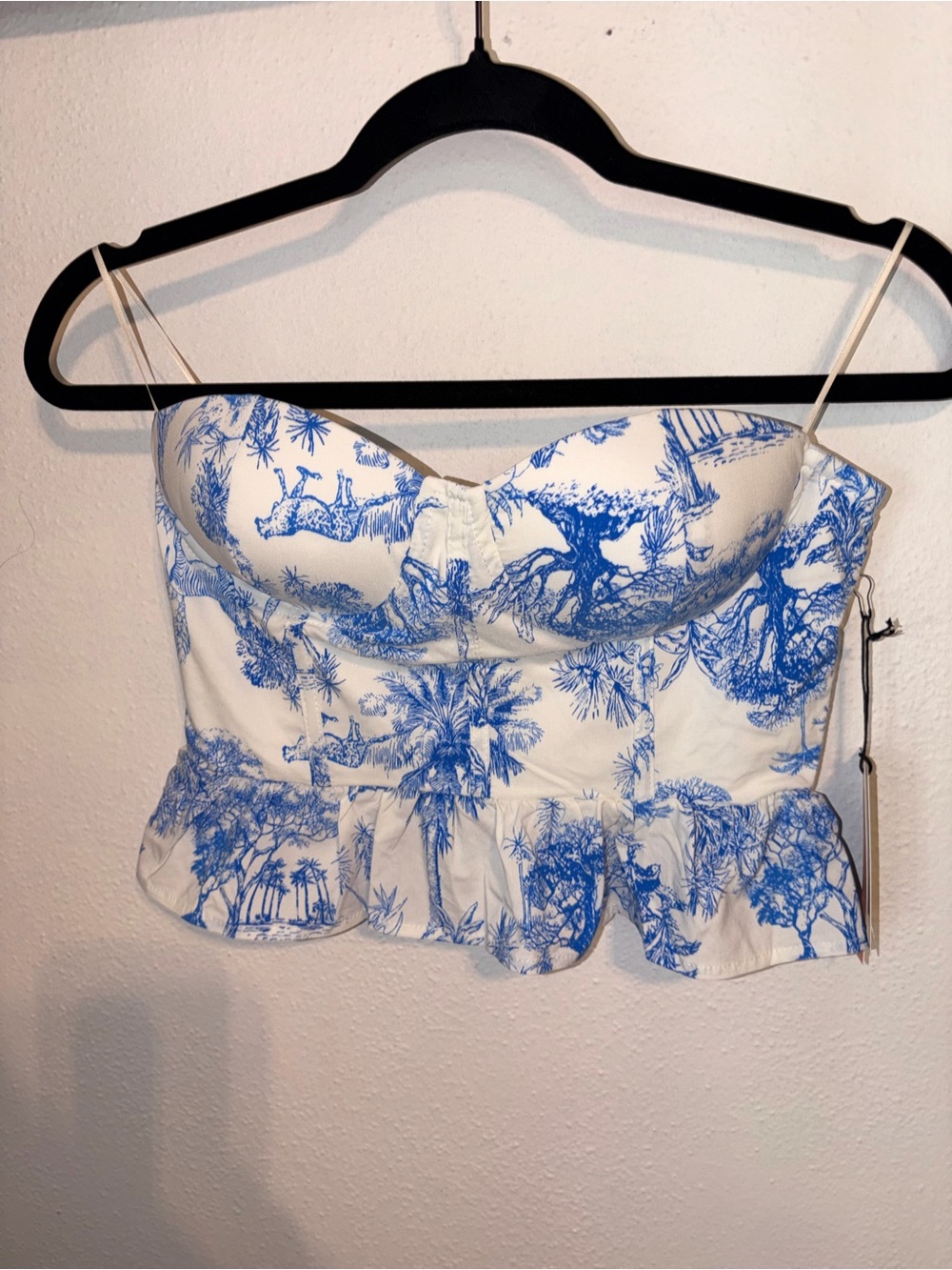 iris White and Blue Toile Peplum Bustier Camisole